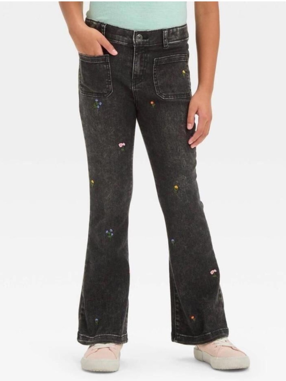 Cat & Jack Girls' High-Rise Embroidered Floral Flare Jeans - Black 10